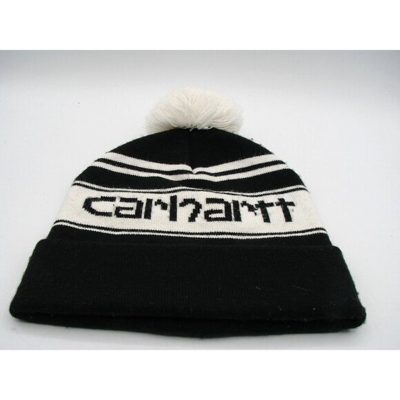 Carhartt Black White Knit Beanie Hat Striped Pom Pom Cuffed Logo One Size Unisex - Picture 2 of 10